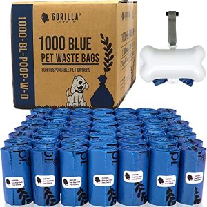 Gorilla Supply Dog Waste Bags with Patented Dispenser and Leash Tie, Blue, Unscented, EPI Additive (meets ASTM D6954-04 Tier 1), 1000 Count