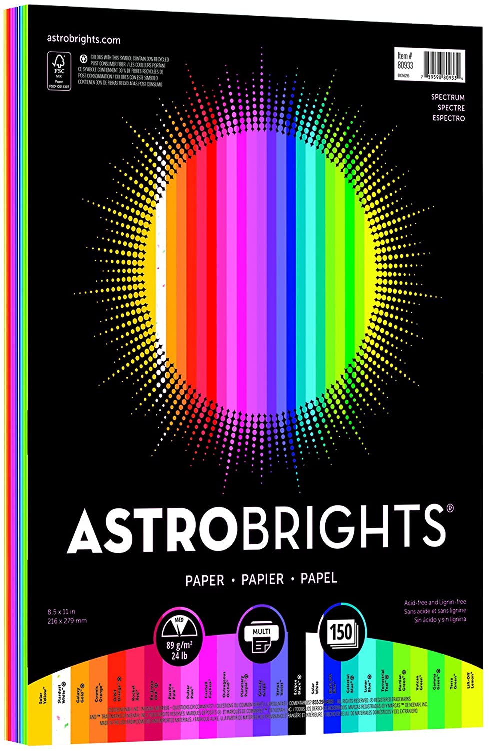 Astrobrights Color Paper, 8.5” x 11” "Spectrum" 25-Color Assortment